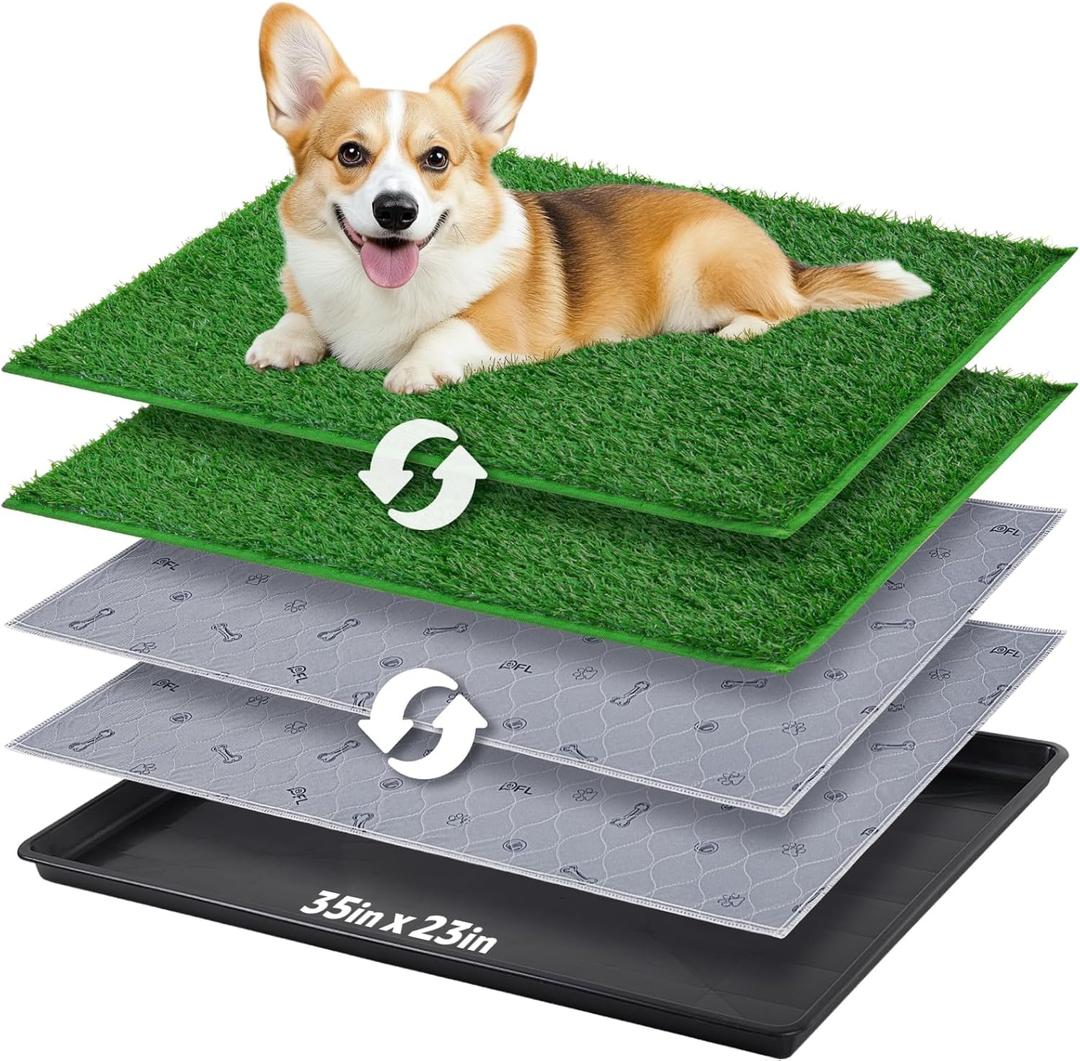 Dog Grass Pad with Tray - 35''x23'' Portable Dog Litter Box with 2 Pack Hemmed Edge Artificial Grass Patch + 2 Washable Reusable Pee Pads, Indoor Outdoor Fake Grass Pad for Dogs Potty