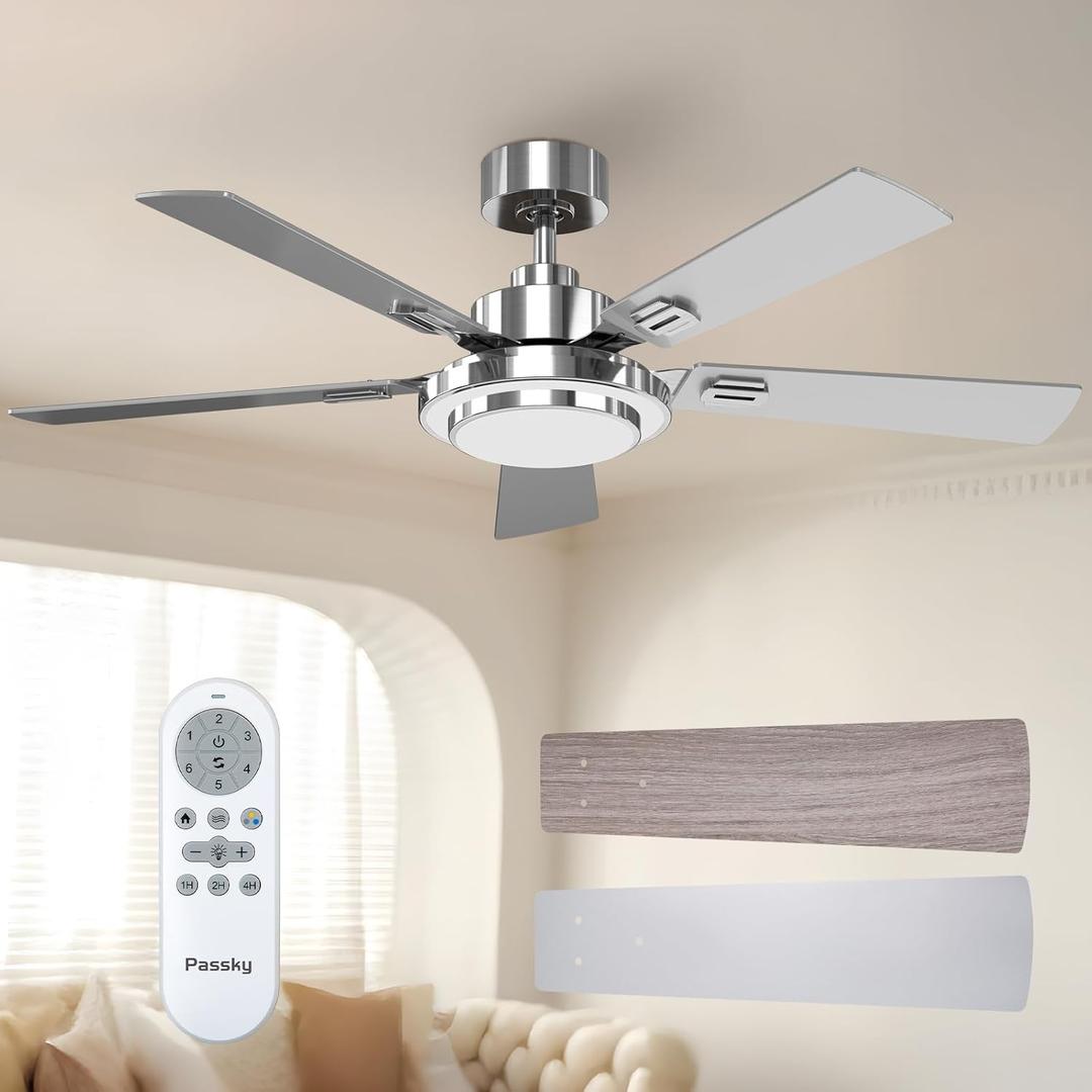 Passky Ceiling Fans with Lights, 52 inch Modern Ceiling Fan with Light and Remote Control, 3CCT, Dimmable, Reversible, Noiseless, Silver Ceiling Fan for Bedroom, Living Room