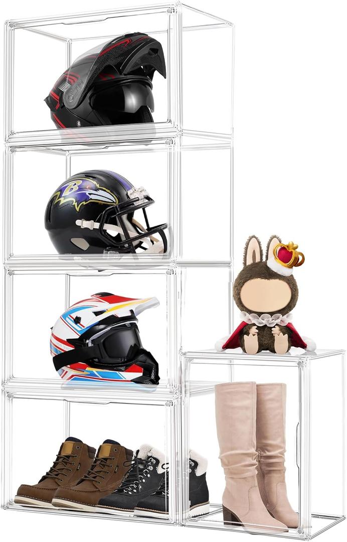 5 Pack XXX-Large Extra Large Acrylic Display Case 17.3'' x 13'' x 13'', Transparent Sneaker Boxes Clear Plastic Stackable Boot & Shoe Boxes Large Showcase for Helmet, Handbag, Figures Collectibles
