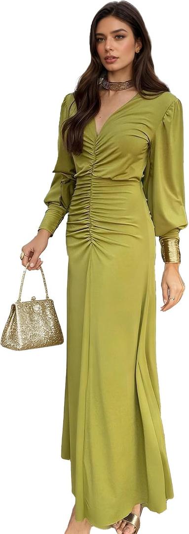 Womens V-Neck Long Sleeve Ruched Bodycon Dress Elegant Formal Cocktail Party Evening Maxi Dresses (Green, S)