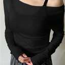 QJQ Women's Sheer Mesh Off The Shoulder Tops Long Sleeve See Through Shirts Going Out Party Club Outfits (Black, XXL)