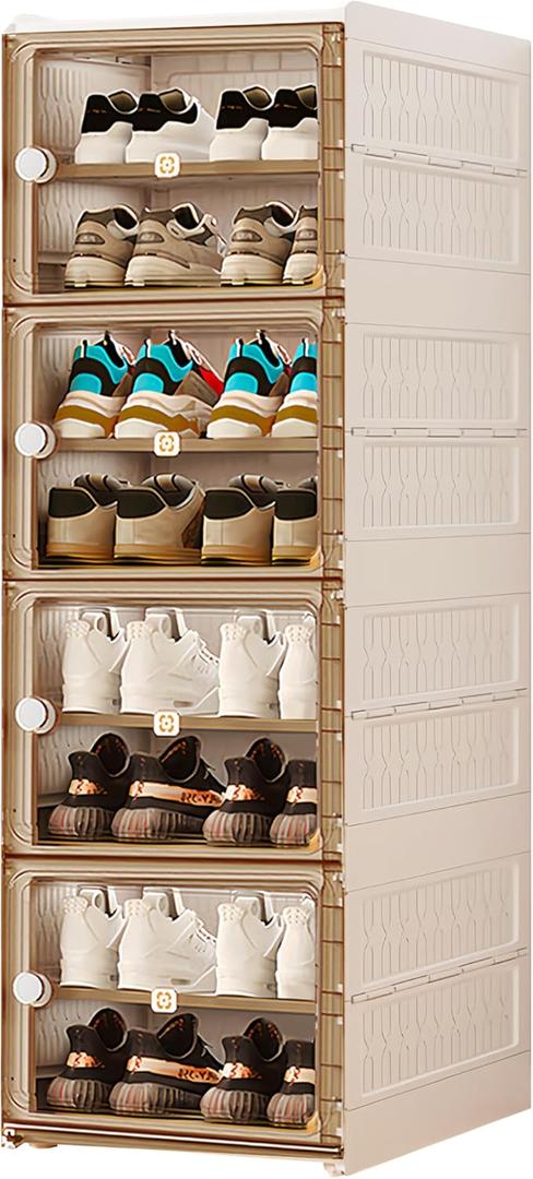 Shoe Storage Box, Foldable Shoe Rack Organizer with Clear Door, No Assembly Sturdy Clear Collapsible Shoe Rack, Shoe Organizer Storage Bin with Lid for Living Room (White, 8 Tiers-16 Pairs)