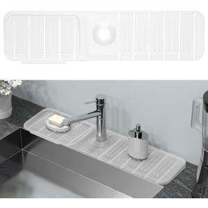 Kitchen Sink Splash Guard Behind Faucet 24 x 5.5 Inch, Toovem Faucet Handle Drip Catcher Tray, Longer Silicone Sink Faucet Mat, Dish Soap Sponge Holder for Bathroom, Farmhouse, Bar Rv (Clear)