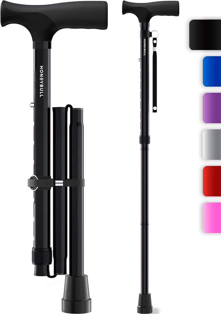 HONEYBULL Walking Cane for Men & Women - Foldable, Adjustable, Collapsible, Bumper Base Tip, Heavy Duty, Walking Sticks for Seniors & Adults (Black)
