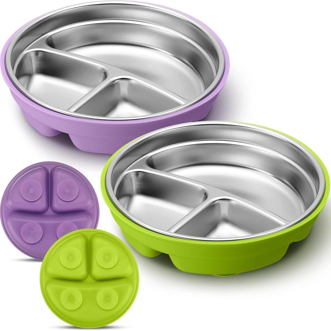 Nuogo 2 Pcs Stainless Steel Baby Suction Plates with Removable Silicone Shell 2in1 Metal Toddler Bowl Divided for Picky Eaters Kids Feeding Led Weaning Supplies, Dishwasher Safe (Purple,Green)