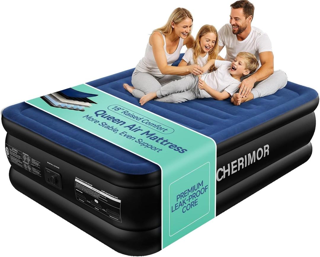 CHERIMOR Queen Air Mattress with Built-in Pump, 18" Raised Comfort Inflatable Mattress, Multi-Layer Leakproof, 800 lbs Heavy Duty Support, Fast 3-Min Inflation Blow Up Bed for Home, Camping & Guests