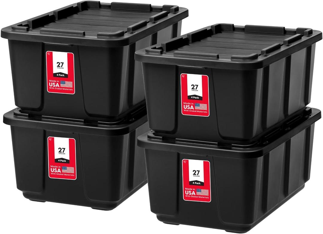 IRIS USA 27 Gallon Heavy Duty Truck Bed Toolbox Storage Tote Bins with Lids, 4 Pack - Made in USA, Tough Snap On Lockable Lid Stackable Industrial Tubs, Garage Organization Reusable Box - Black