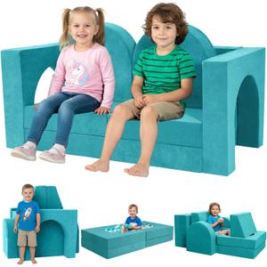 Fvkind 10Pcs Modular Kids Play Couch with Foam and Washable Cover Teal Blue | Foam Kids Play Couch for Playroom, Convertible Sectional Toddler Sofa, Multifunctional kids Sofa Building Fort for Boys Girls