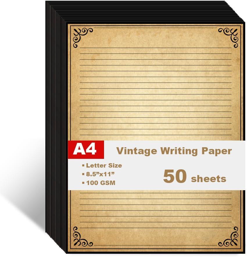 Vintage Lined Paper with Antique Border Design, 50 Sheets, Stationary Paper for Writing Letters, 100gsm, 11 x 8.5'', Aged Stationery for Writing Letters, Invitations, Stationery Writing Papers