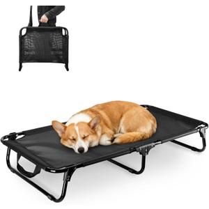 Foldable Elevated Dog Cot, No Assembly Need, Waterproof Folding Raised Dog Bed, Outdoor Dogs Cot Cooling Pet Hammock Bed with Breathable Mesh for Small Medium Size Dogs, Chew-Proof, Black (36"L x 7"W x 23"H)