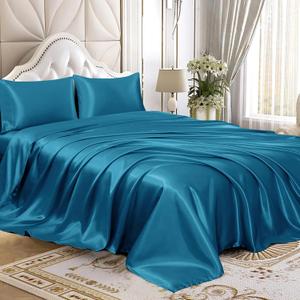 Homiest 4pcs Satin Sheets Set Luxury Silky Satin Bedding Set with Deep Pocket, 1 Fitted Sheet + 1 Flat Sheet + 2 Pillowcases (Queen Size, Lake Blue)