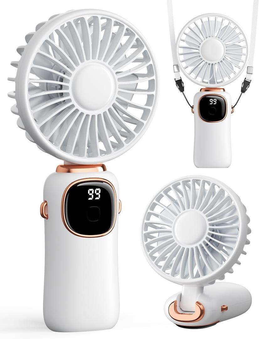 coldSky Portable Handheld Fan, 4000mAh Battery Operated 3 in 1 Multifunction Personal Travel Fans with Digital Display, 90 Foldable Desk Fans with Base, 5 Speed Lash Fan for Makeup/Office (White)