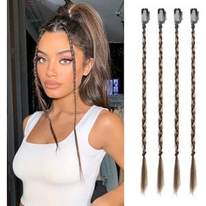 Flufymooz 4PC Braid in Hair Extension 14 Inch Clip in Braid Extensions for Women Synthetic Hairpieces for Daily Use Party Styling (Deep Brown with Dirty Blonde)