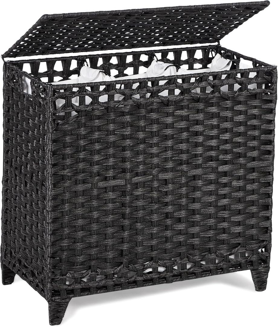 Laundry Hamper with 3 Removable Liner Bags; 132L Handwoven Rattan Laundry Basket with Lid & Heightened Feet; Clothes Hamper with Side Handles; Laundry Sorter with 3 Separate Sections