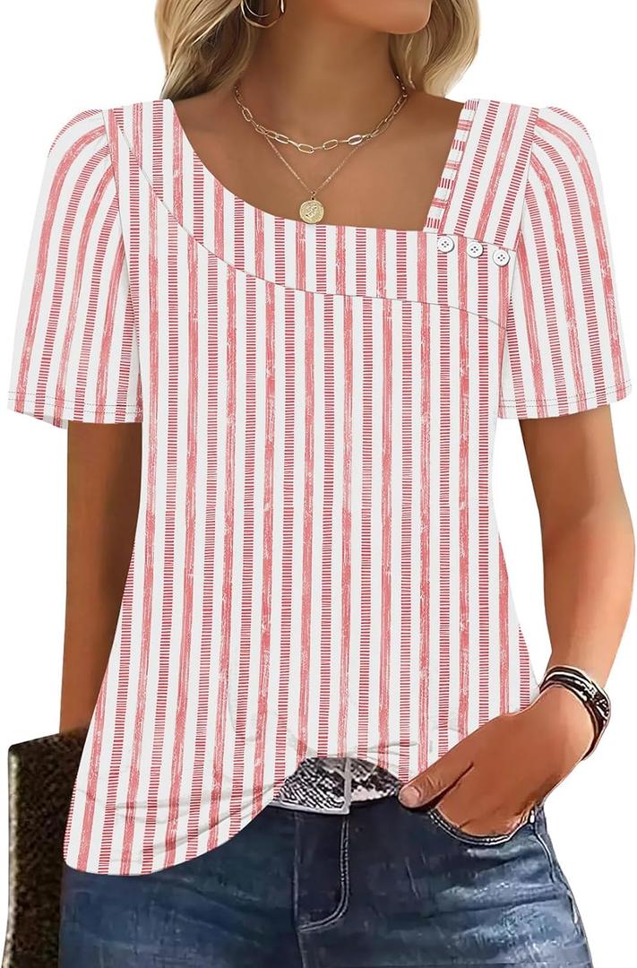 WIHOLL Womens Summer Tops Short Sleeve Shirts Square Neck Spring Outfits 2026 Fashion Clothing Blouses (Pink, XXL)