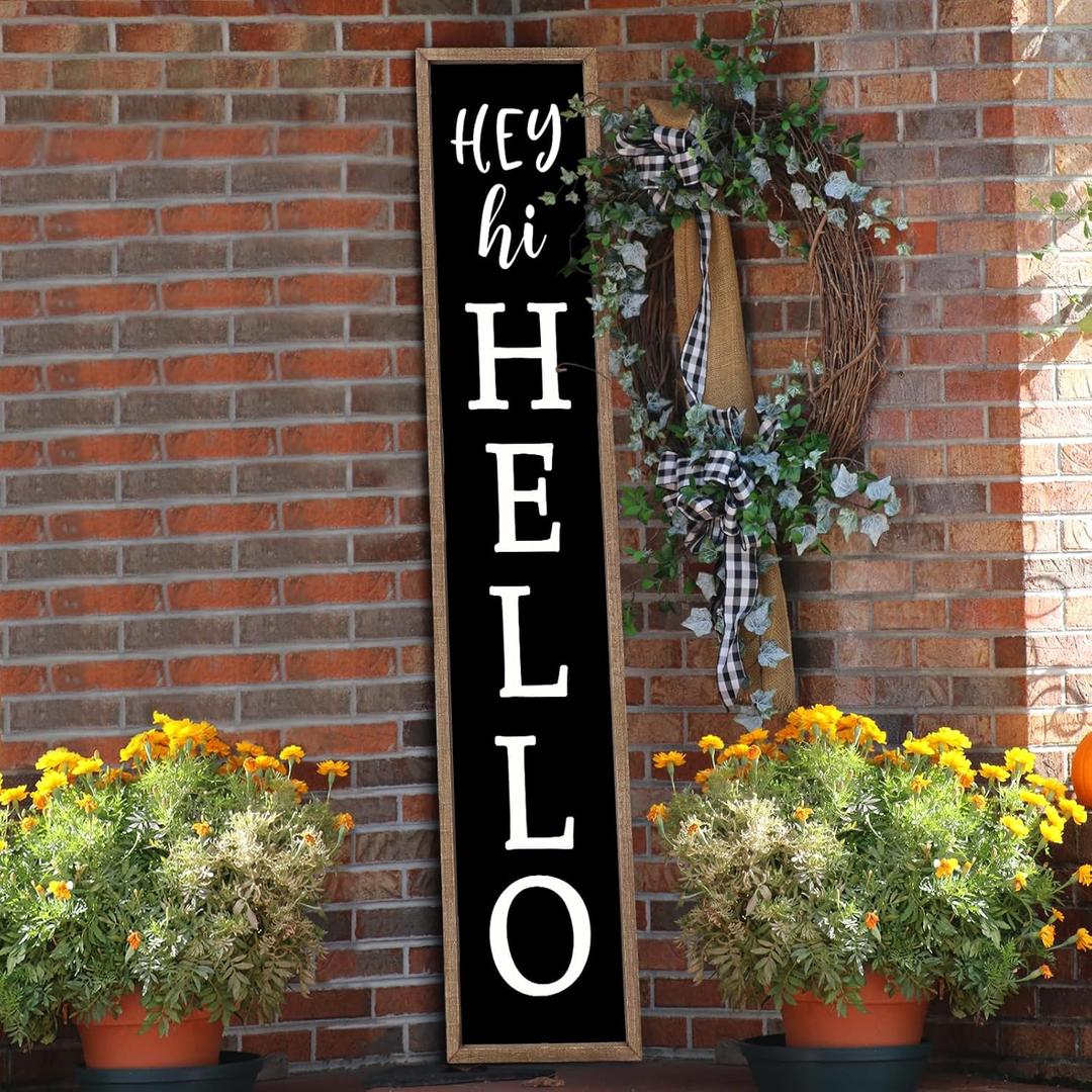 Welcome Sign For Front Porch Standing 45"X9" Hey Hi Hello Outdoor Large Long Vertical Tall Wood Framed Outside Front Door Sign Home Decoration (Wood Black)