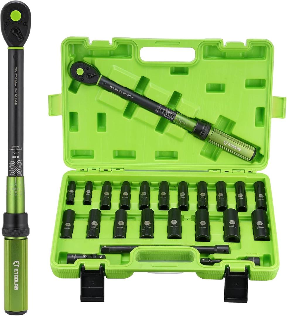 1/2" Drive Click Torque Wrench with Deep Impact Socket (6~24mm),Dual-Range10-170ft.lb/13.6-230.5Nm3% Precision,10" Extension Bar,Universal Joint,Drill Adapter