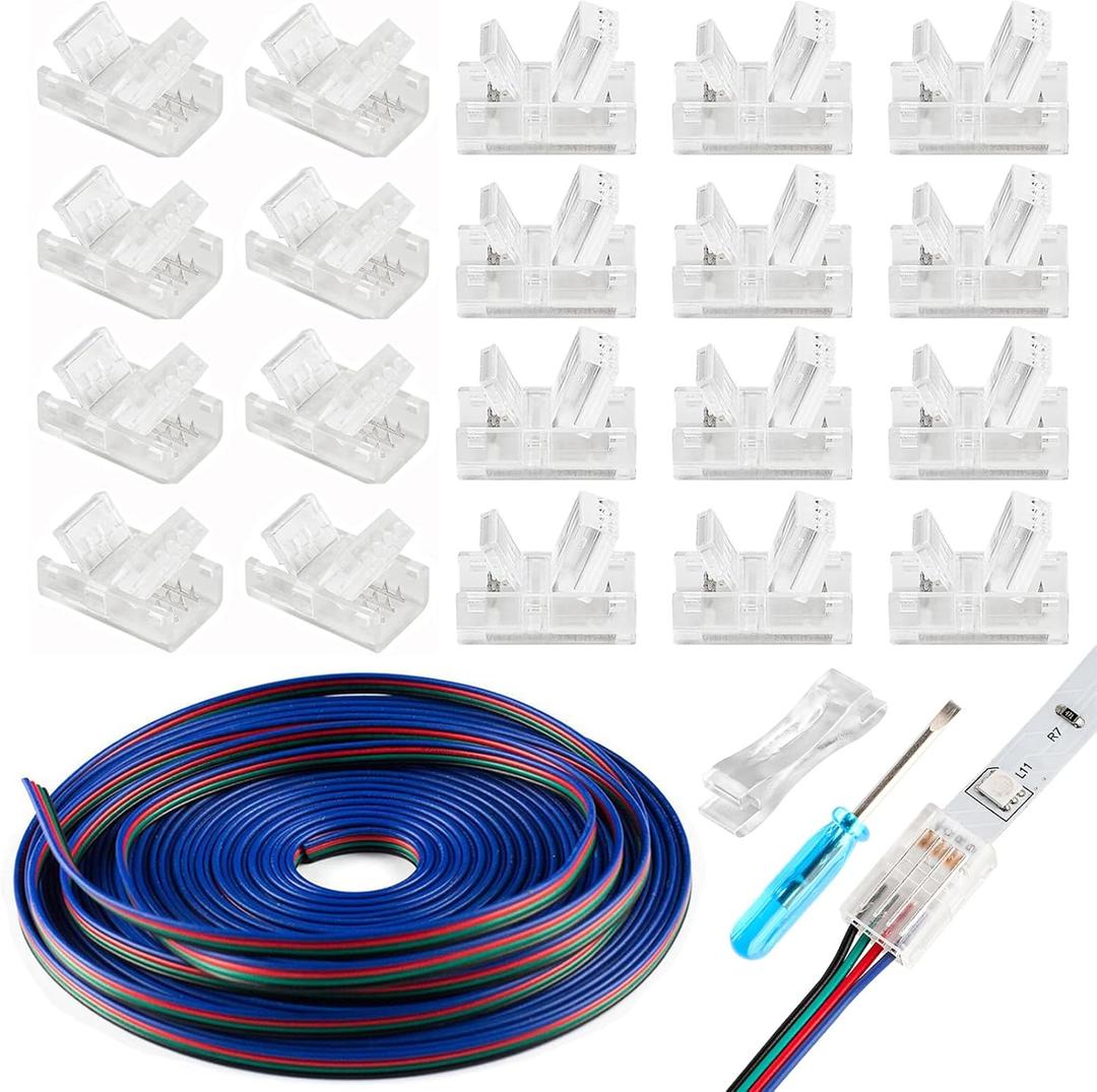 HOMELYLIFE 20 Pack 4 Pin 10mm LED Strip Connectors Solderless with 16.4ft Extension Cable 4 Conductor for Waterproof or Non-Waterproof 10mm Wide 4 Pin RGB LED Strip Lights