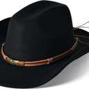 Wide Brim Cowgirl Hat Men Large Wide Brim Cowboy Hats for Women with Buckle Belt Classic Cowboy Outfits (Black)