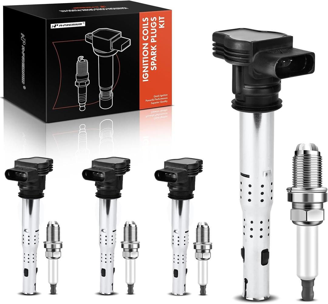 A-Premium Set of 4 Ignition Coil Pack and Iridium Spark Plugs Compatible with Audi A3 2004-2013, A4 2005-2016 & Volkswagen Jetta 2005-2015, Tiguan 2009-2017 & More, 2.0L 2.5L