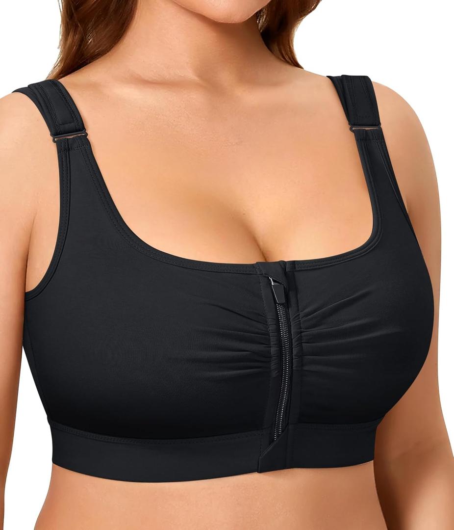 BRABIC Wireless Zip Front Closure Bras for Women No Underwire Full Coverage Comfort Everyday Post Surgery Compression Bra (Large, Black)