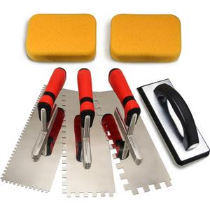 Tile Tools Stainless Steel Square Notch Trowel Set Plus Rubber Grout Float and Grout Sponge for Tiling Installation Grouting