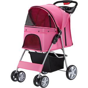 Pet Stroller, 4 Wheels Pet Strolling Cart for Medium/Small Dogs and Cats, Foldable Cat Jogger/Dog Stroller with Cup Holder, Storage Basket, Breathable Mesh, All-Season Pet Carrier, Pink