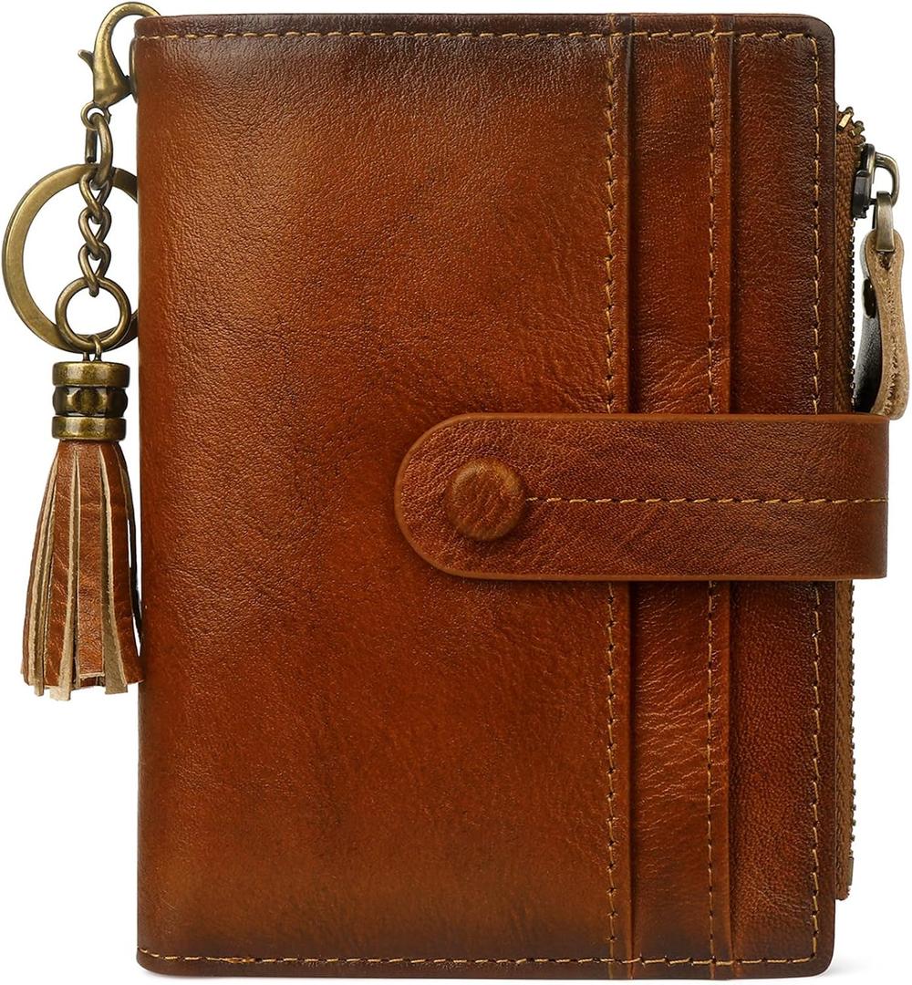 Leather Wallet Women,RFID Blocking Small Wallets for Women Compact Bifold Slim Wallet Card Holder With Zipper Coin Pocket Brown