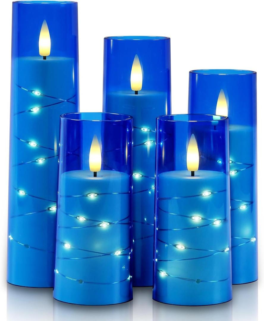 Raycare Flameless Candle with Remote Timer  5 Flickering Acrylic Battery Operated LED Pillar Candles with Embedded Star String for Christmas, Home Decor, and as a Gift(Blue)