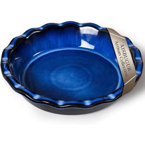 AISBUGUR Pie Pan for Baking 9 Inch Ceramic Pie Dish Quiche Baking Dish Non-Stick Dishwasher & Oven Safe (Reactive Glaze Blue)