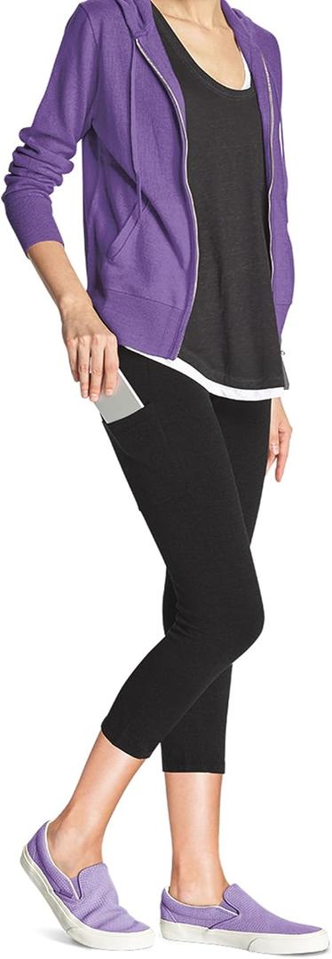 No nonsense Women's Soft Cotton Capri Leggings with Side Pockets Workout Stretch Pull On Pants (Large, Black)