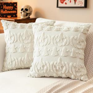 Artscope Halloween Pillow Covers 16 x 16 Set of 2 Decorative Ghost Holiday Pumpkin Throw Pillow Cases Soft Plush Faux Fur Couch Cushion Case for Farmhouse Halloween Sofa Bed Room Home Decor-Beige