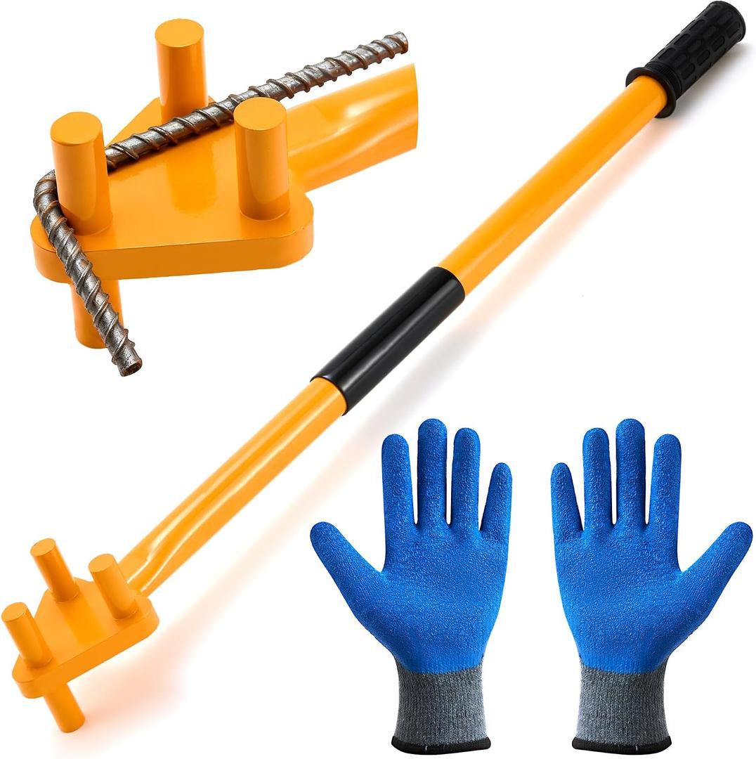 Rebar Bender-Rebar Bender Manual Hand Operated to 5/8" Bar Reverse Head with Anti-slip Protective Sleeve & Gloves, Rebar Bending Tool Ideal for Flat Steel and Steel Rods, Yellow