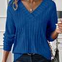 PRETTYGARDEN Fall Fashion 2026 Long Sleeve Shirts for Women Ribbed Knit V Neck Dressy Casual Lightweight Sweaters Tunic Tops (Blue, XXL)