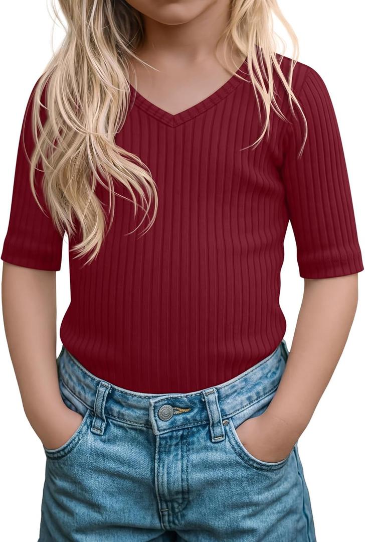 Toddler Girls Ribbed V Neck Tee | Soft Cotton Fabric, Ribbed Texture, Slim Cut, Elbow Length Sleeves, Summer Daycare And Play