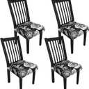 Stretch Dining Chair Seat Covers Set of 4,Dining Chair Slipcovers, Floral Printed Chair Covers,Soft Fabric Washable Upholstered Chair Seat Protector, No Rear Covers for Home Kitchen Dining Room (Black Base White Rose)