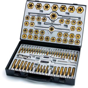 86-Piece Master Tap and Hex Die Set, Premium Titanium Coating | SAE Size #4 to 5/8, Metric Size M3 to M16 | For All Coarse, Fine, Pipe Threads | Complete with Holders, Stocks, Gauges and Metal Case