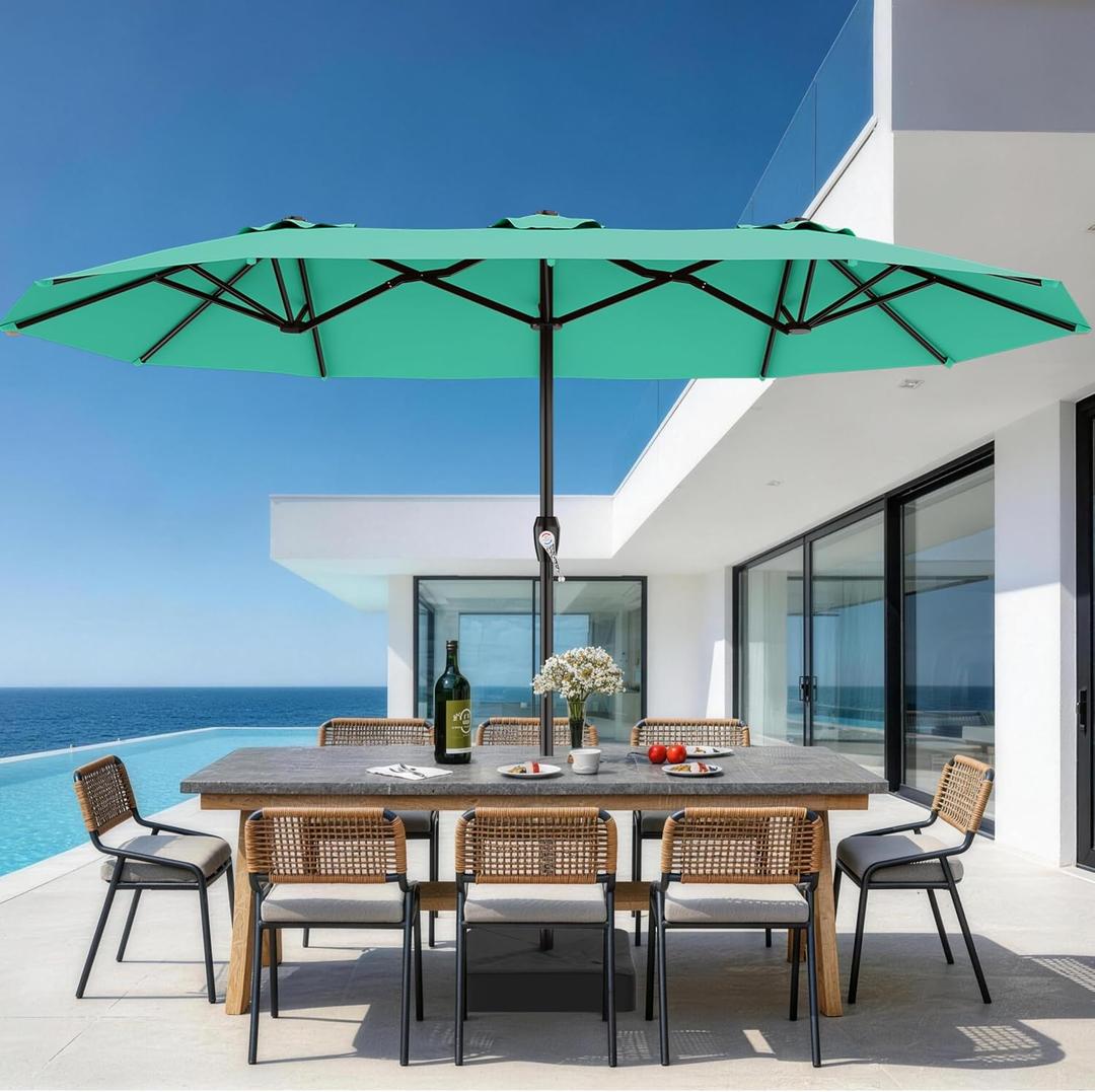 AreShark 15FT Outdoor Patio Umbrella with Crank, Large Rectangular Market Umbrella, Double-Sided Outdoor Umbrellas with Cross Base & Sandbag for Porch, Lawn, Pool, Backyard