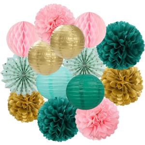 Sage-Green Pink-Gold Baby-Shower Party Decorations - 14pcs Teal Wedding Paper Lanterns Fan,Tissue Pom Poms Streamers,Honeycomb Balls,Birthday Bachelorette Engagement Bridal Decor Lasting Surprise