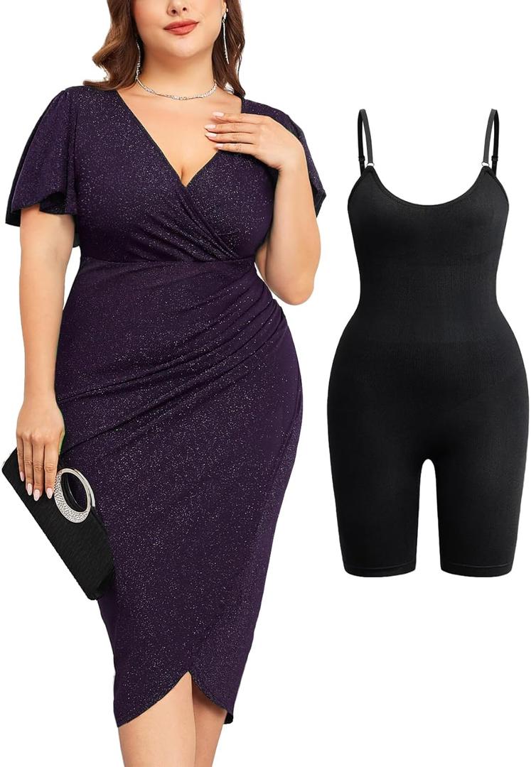 ZOMVA Plus Size 0X-4X Sparkly Glitter Ruched Bodycon Midi Dress Sparkle Sequin Wrap Ruffle Sleeve Dress Cocktail Party Formal, 3X