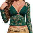 Avidlove Women's Sheer Mesh Long Sleeve Crop Top Slim Fit Shirt Sexy Bralette and Lace Top Set (Green, L)