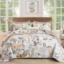 Anibedding Floral Quilt Set King Size, 3Pieces White Microfiber Lightweight Besspread for Bedroom Living Room All Season Use