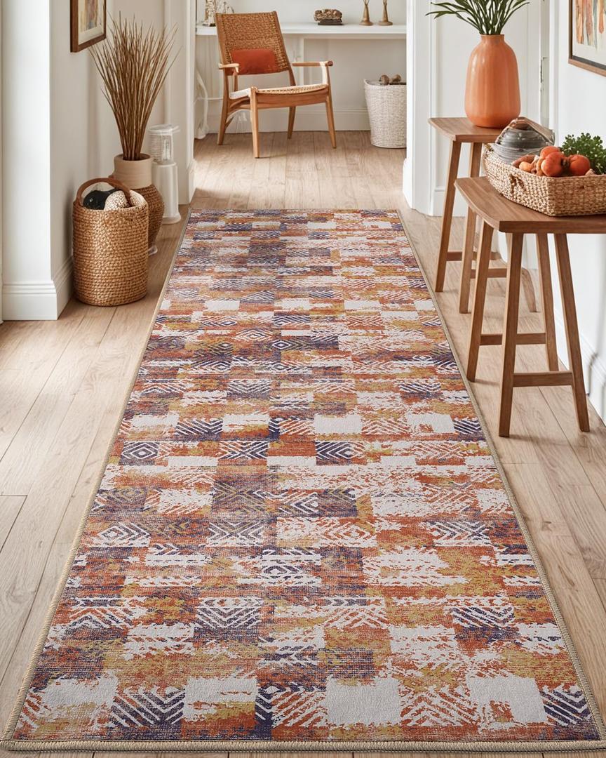 DEXI Hallway Runner Rug, 2x5 Distressed Non Slip Runners Carpet, Boho Vintage Soft Thin Indoor Rug, Stain Resistant Washable Entry Mat for Entryway Kitchen Laundry Room Living Room, Brown Blue