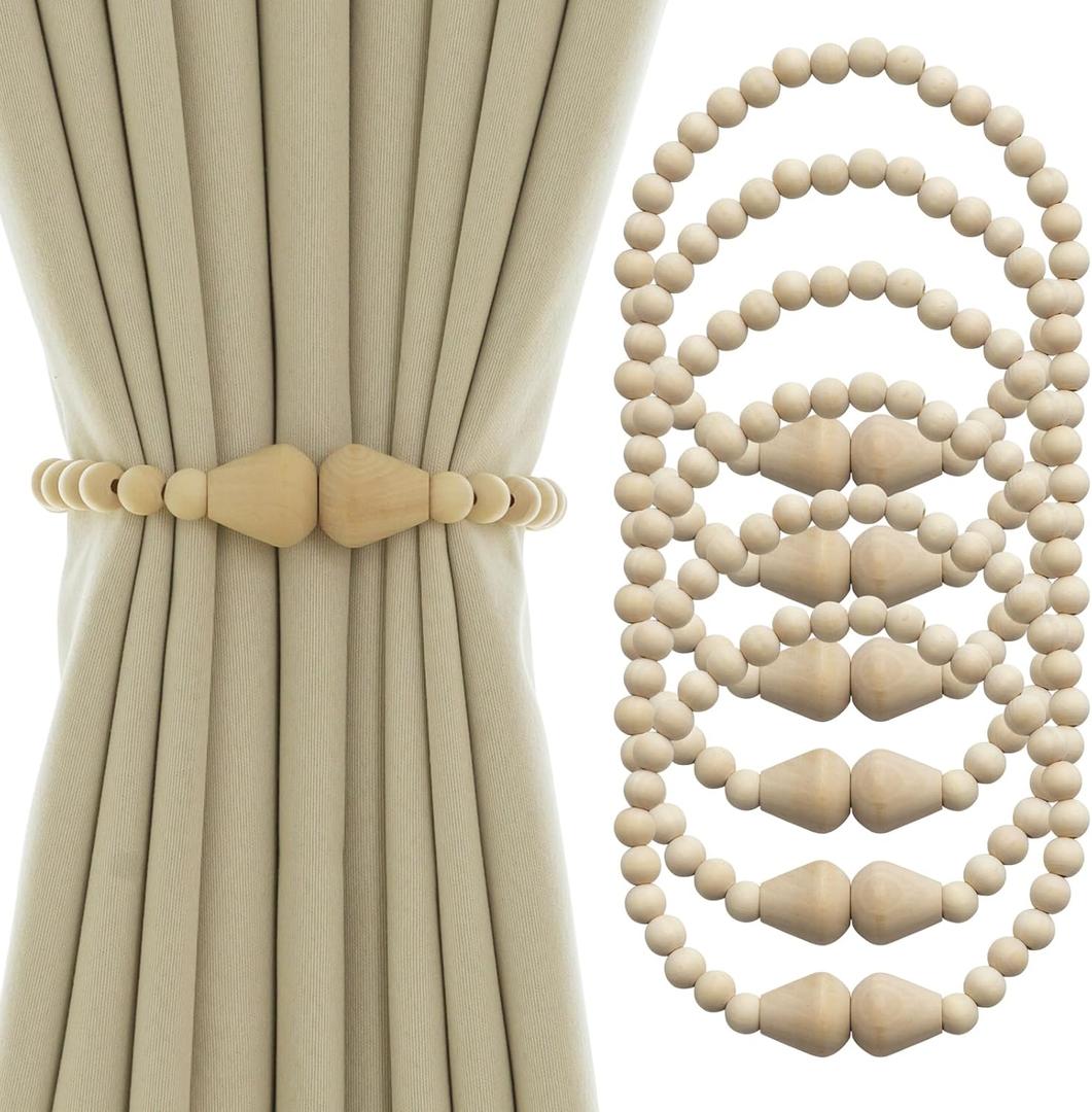 Magnetic Curtain Tiebacks 6 Pack Boho Curtain Holders for Drapes Wood Bead Curtain Tie Backs for Curtains Elegant Curtain Tiebacks for Bedroom, Boho Decor, Natural Wood