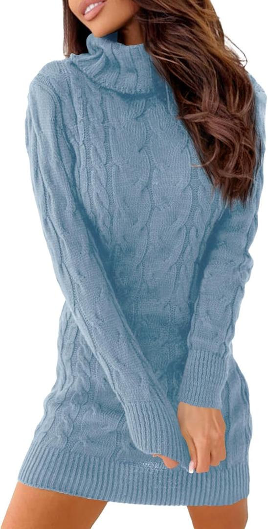 Langwyqu Womens Cable Knit Sweater Dress Sexy Long Sleeve Bodycon Turtleneck Mini Fall Sweaters Dresses (Large, Light Blue)