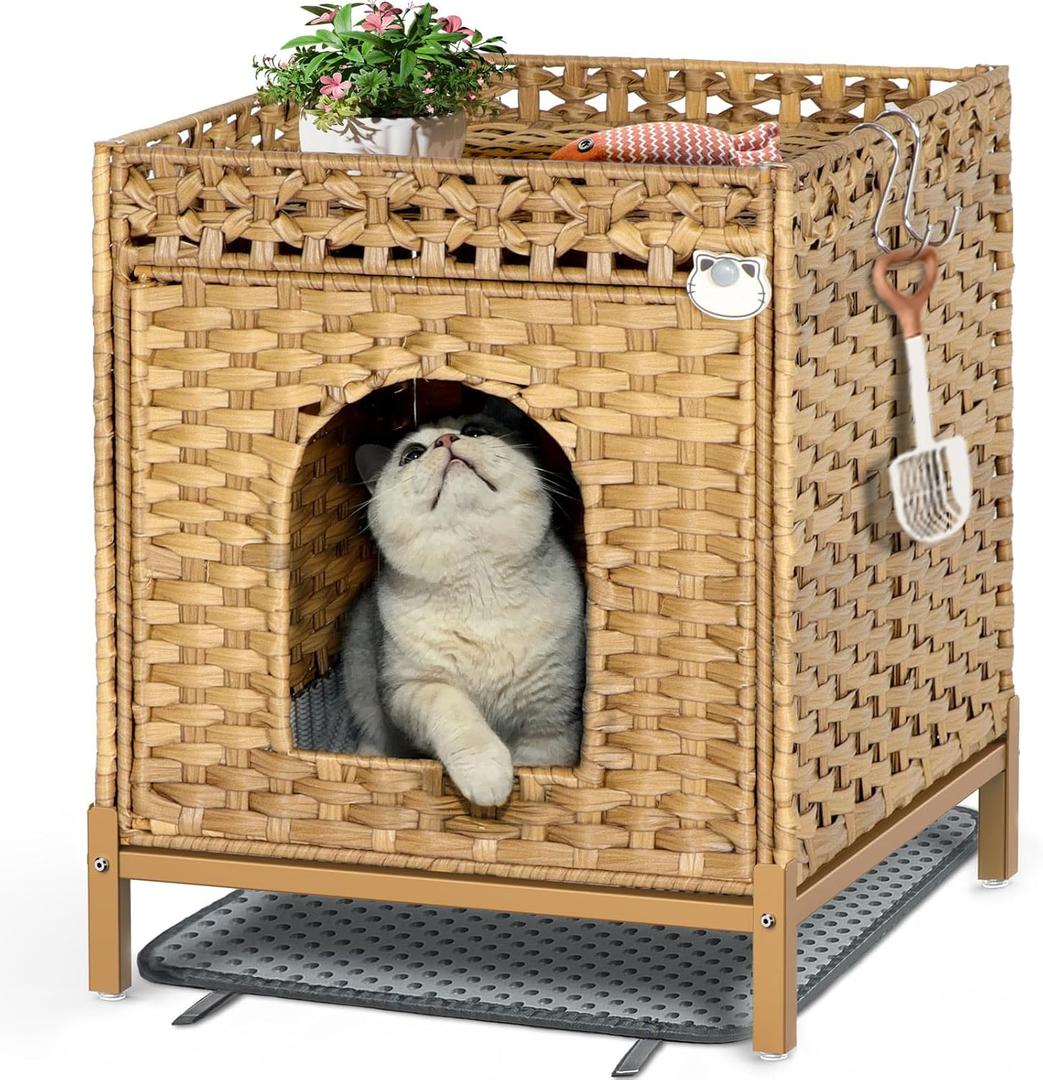 Cat Litter Box Enclosure - Rattan Cat House with Metal Feet, Litter Mat Included, 18.5x20.4x23.2 Inches, Natural