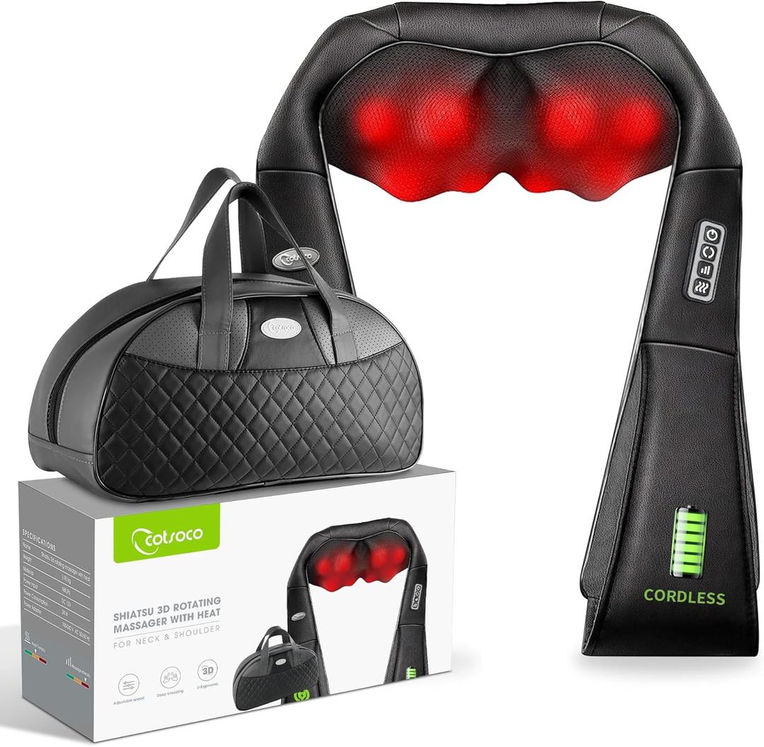 cotsoco Cordless Shiatsu Neck and Shoulder Massager with Heat, Portable Massagers for Neck and Back,3D Deep Tissue Kneading Back Massager for Muscle Pain Relief, Perfect Gifts for Men and Woman