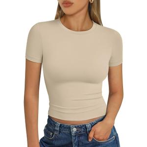 Trendy Queen Womens Short Sleeve T Shirts - Buttery Soft Summer Crop Tops Slim Fit Y2k Basic Tees for Workout M