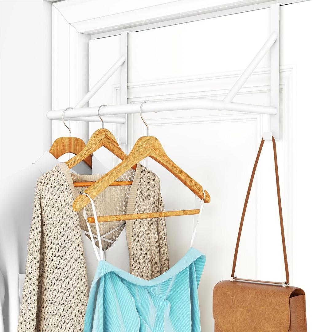 Over The Door Hanger for Clothes, Stainless Door Hangers for Clothing, Over The Door Clothes Drying Rack for laundry, Over Door Hanger Organizer with 2 Hooks for Hanging Towels & Coats, White