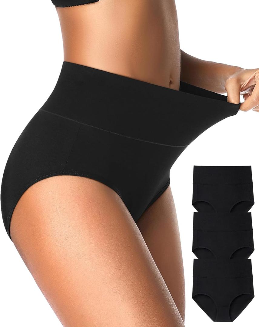 EIGGAM Tummy Control Underwear Soft High Waisted underwear Full Coverage Briefs Breathable Postpartum Cotton Womens Panties (Medium, Black F - 3 Pack)